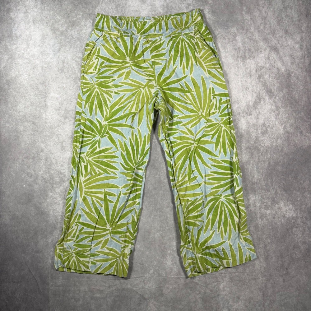 Sigrid Olsen Womens M Green Palm Leaf Print 100% Linen Wide Leg Crop Pants Beach